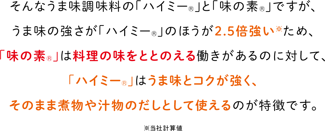 そんなうま味調味料の「ハイミーⓇ」と「味の素Ⓡ」ですが、うま味の強さが「ハイミーⓇ」のほうが2.5倍強い※ため、「味の素Ⓡ」は料理の味をととのえる働きがあるのに対して、「ハイミーⓇ」はうま味とコクが強く、そのまま煮物や汁物のだしとして使えるのが特徴です。※当社計算値