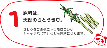 原料は、天然のさとうきび。さとうきびの他にトウモロコシやキャッサバ（芋）なども原料になります。