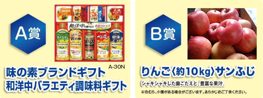 A賞 味の素ブランドギフト 和洋中バラエティ調味料ギフト A-30N / B賞 りんご〈約10kg〉サンふじ シャキシャキした歯ごたえと、豊富な果汁。