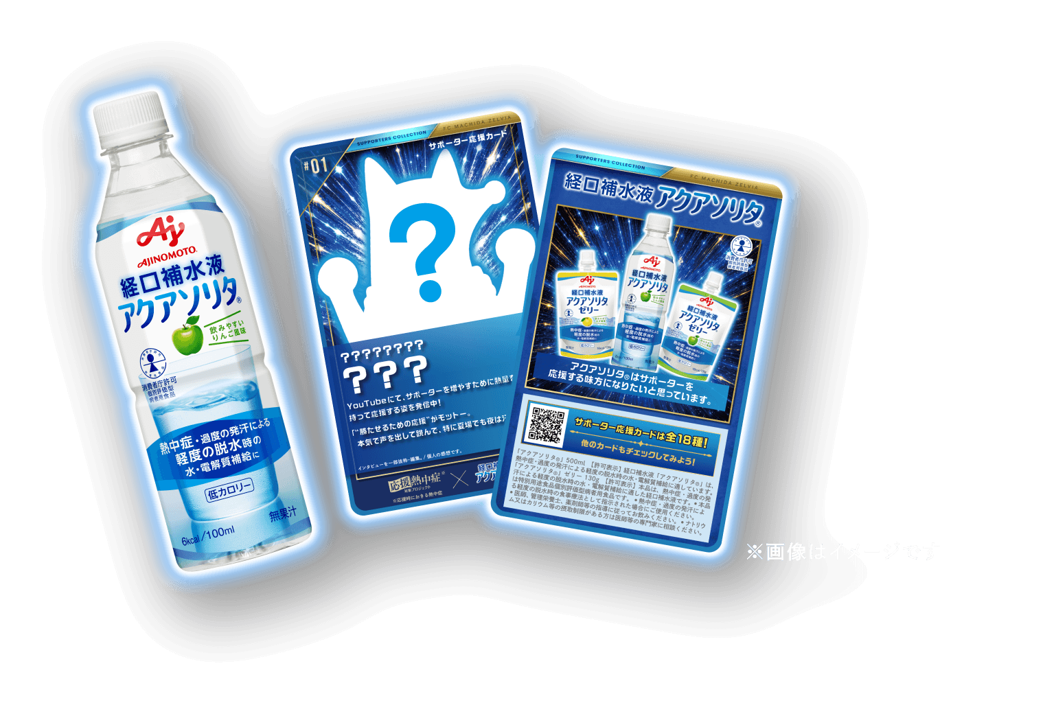 経口補水液アクアソリタ&reg;とサポーター応援カード表裏 ※画像はイメージです