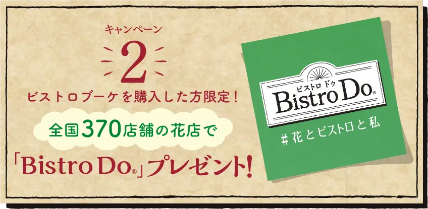 
              2
              ビストロブーケ購入した方限定
              全国370店舗の花店で
              「Bistro Do」プレゼント！
            