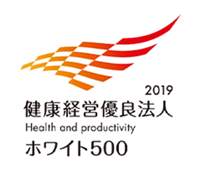 上側：「健康経営優良法人2019（大規模法人部門～ホワイト500～）」ロゴ