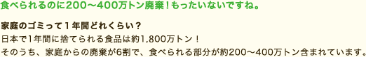 ecoメモ
食べられるのに200～400万トン廃棄！もったいないですね。
家庭のゴミって１年間どれくらい？
日本で1年間に捨てられる食品は約1,800万トン！
そのうち、家庭からの廃棄が6割で、食べられる部分が約200～400万トン含まれています。