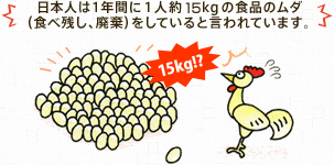 日本人は1年間に1人約15kgの食品のムダ（食べ残し、廃棄）をしていると言われています。