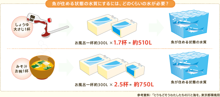 魚が住める状態の水質にするには、どれくらいの水が必要？
しょうゆ大さじ1杯⇒約510リットル
みそ汁お椀1杯⇒約750リットル