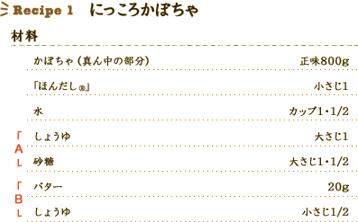 Recipe1 にっころかぼちゃ [材料] 
かぼちゃ（真ん中の部分）：正味800g、
「ほんだし®」：小さじ1、
水：カップ1・1/2、
A しょうゆ：大さじ1、
A 砂糖：大さじ1・1/2、
B バター：20g、
B しょうゆ：小さじ1/2