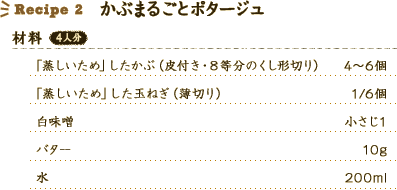 Recipe 2 
かぶまるごとポタージュ。 
【材料】4人分 
「蒸しいため」したかぶ（皮付き・8等分のくし形切り）：4～6個 
「蒸しいため」した玉ねぎ（薄切り）：1/6個 
白味噌：小さじ1 
バター：10g 
水：200ml