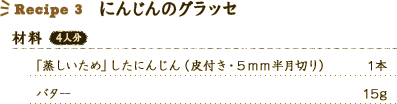 Recipe 3 
にんじんのグラッセ。 
「蒸しいため」したにんじん（皮付き・5mm半月切り）：1本 
バター：1本 15g