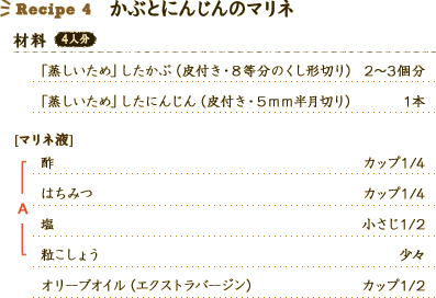 Recipe 4 
かぶとにんじんのマリネ。 
「蒸しいため」したかぶ（皮付き・8等分のくし形切り）：2～3個分 
「蒸しいため」したにんじん（皮付き・5mm半月切り）：1本 
[マリネ液]： 
A（酢：カップ1/4、はちみつ：カップ1/4、塩：小さじ1/2、粒こしょう：少々） 
オリーブオイル（エクストラバージン）：カップ1/2