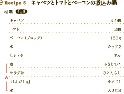 Recipe 5 
キャベツとトマトとベーコンの煮込み鍋。 
キャベツ：小1個 
トマト：2個 
ベーコン（ブロック）：150g 
水：カップ2 
しょうゆ：少々 
A（塩：小さじ1/4、サラダ油：ひとたらし、「ほんだし®」：小さじ1、水：大さじ3）