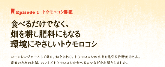 Episode 1　トウモロコシ農家　食べるだけでなく、畑を耕し肥料にもなる環境にやさしいトウモロコシ　コーンレンジャーとして毎日、畑をまわり、トウモロコシの生育を見守る丹野英治さん。農家の方々のお話、おいしくトウモロコシを食べるコツなどをお聞きしました。