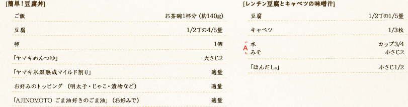 【簡単！豆腐丼】ご飯：お茶碗1杯分（約140g）　豆腐：1/2丁の4/5量　卵：1個　「ヤマキめんつゆ」：大さじ2 　「ヤマキ氷温熟成マイルド削り」： 適量　お好みのトッピング（明太子・じゃこ・漬物など）：適量　「AJINOMOTO ごま油好きのごま油」（お好みで）： 適量　【レンチン豆腐とキャベツの味噌汁】豆腐：1/2丁の1/5量　キャベツ：1/3枚　A水：カップ3/4　Aみそ：小さじ2　「ほんだし®」：小さじ1/2