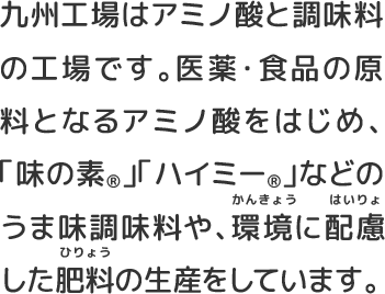 九州工場はアミノ酸と調味料の工場です。医薬・食品の原料となるアミノ酸をはじめ、「味の素®️」「ハイミー®️」などのうま味調味料や、環境に配慮した肥料の生産をしています。
                