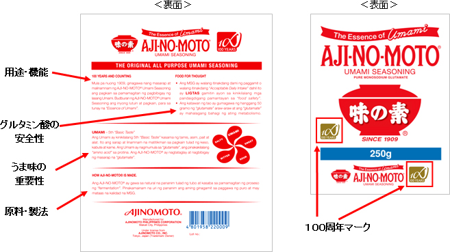 <裏面>
用途・機能
うま味の重要性
グルタミン酸の安全性
原料・製法
<表面>
100周年マーク