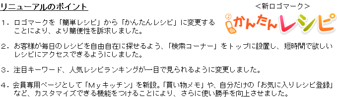毎日の 料理の相棒 になる携帯サイト 味の素ｋｋ かんたんレシピ リニューアル レシピ大百科 の携帯レシピサイト デザイン 機能一新 やさしく 楽しく あなたの毎日の料理をサポートします ２月２１日 月 よりグランドオープン