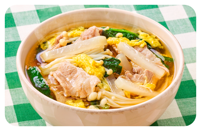 豚コマと大根のかきたままんぷくスープ