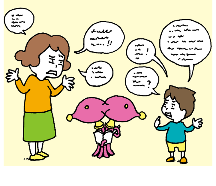 おとな族とこども族に挟まれて意見を聞いているうちゅうじんのイラスト