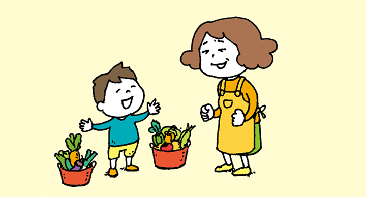 野菜が好きなこどもと、苦笑いしているおとなのイラスト