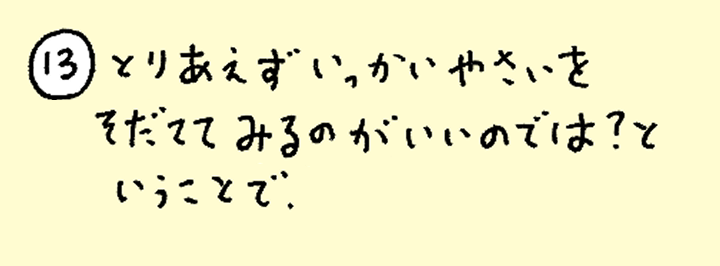 ⑬とりあえずいっかいやさいをそだててみるのがいいのでは？ということで、