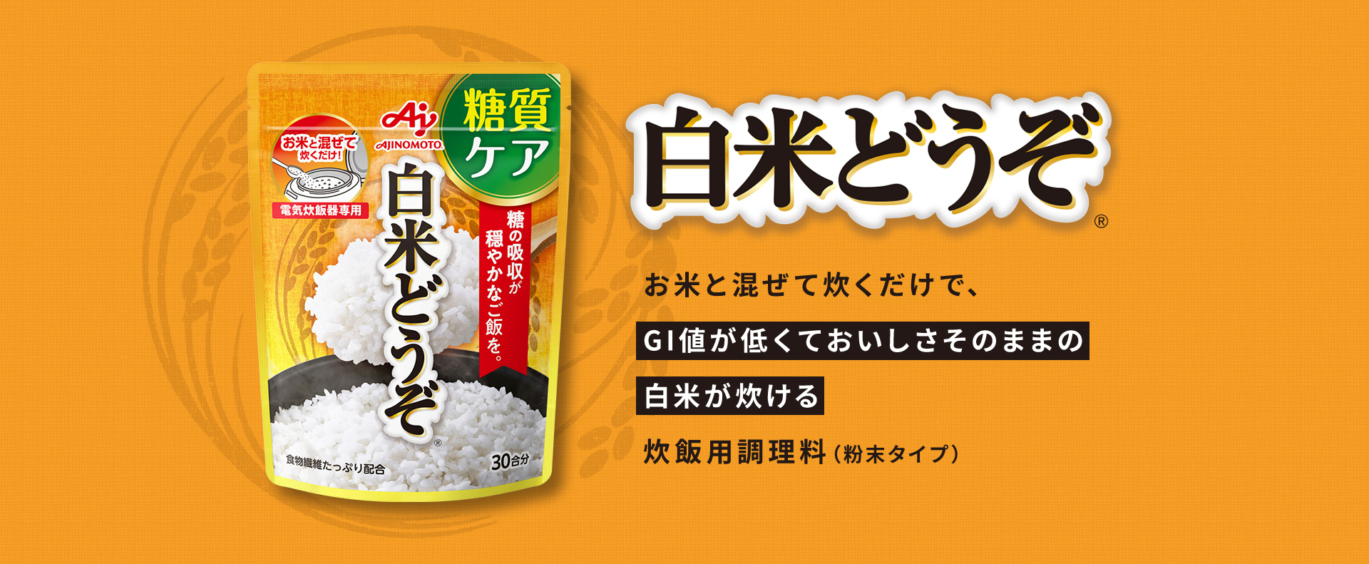 炊飯時に入れるだけで、GI値が低くておいしだそのままの白米が炊ける 炊飯用調味料（粉末タイプ）