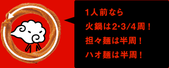 1人前なら火鍋は2・3/4周！担々麺は半周！ハオ麺は半周！