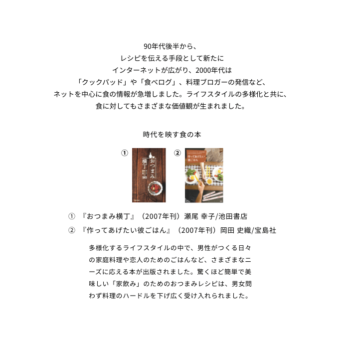 多様化するライフスタイルの中で、男性がつくる日々の家庭料理や恋人のためのごはんなど、さまざまなニーズに応える本が出版されました。驚くほど簡単で美味しい「家飲み」のためのおつまみレシピは、男女問わず料理のハードルを下げ広く受け入れられました。