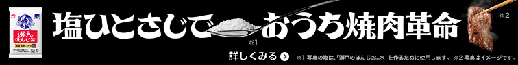 「瀬戸のほんじお®」塩ひとさじでおうち焼肉革命[詳しくみる]※1 写真の塩は、「瀬戸のほんじお®水」 を作るために使用します。※2 写真はイメージです。