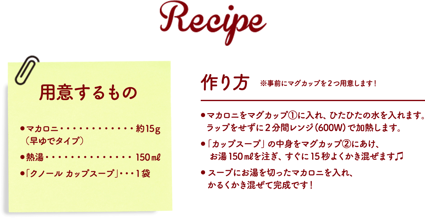 Recipe 用意するもの マカロニ 約15g（早ゆでタイプ）熱湯150ml 「クノールカップスープ」 1袋 作り方※事前にマグカップを2つ用意します！マカロニをマグカップ①に入れ、ひたひたの水を入れます。ラップをせずに2分間レンジ(600W)で加熱します。「カップスープ」の中身をマグカップ②にあけ、お湯150mlを注ぎ、すぐに15秒よくかき混ぜます。スープにお湯を切ったマカロニを入れ、かるくかき混ぜて完成です！