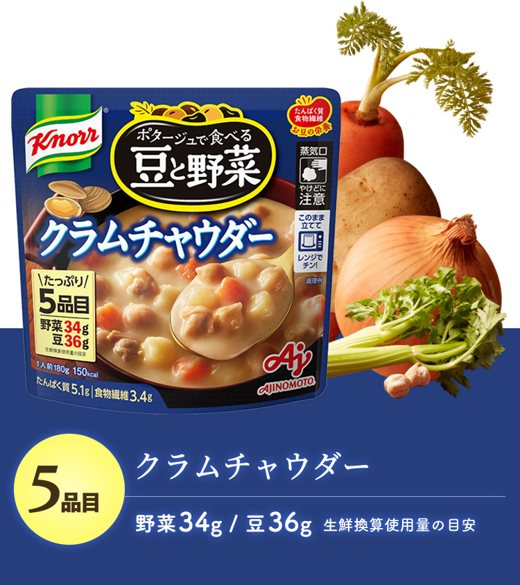 クラムチャウダー 野菜34g / 豆36g 生鮮換算使用量の目安