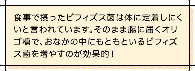 食事で摂ったビフィズス菌は体に定着しにくいと言われています。そのまま腸に届くオリゴ糖で、おなかの中にもともといるビフィズス菌を増やすのが効果的！