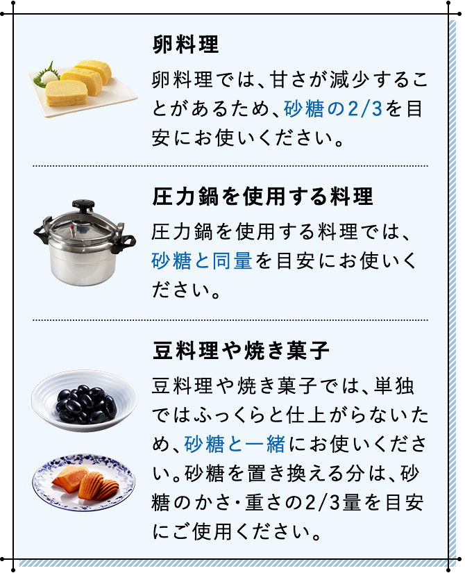 卵料理 卵料理では、甘さが減少することがあるため、砂糖の2/3を目安にお使いください。 圧力鍋を使用する料理 圧力鍋を使用する料理では、砂糖と同量を目安にお使いください。 豆料理や焼き菓子 豆料理や焼き菓子では、単独ではふっくらと仕上がらないため、砂糖と一緒にお使いください。砂糖を置き換える分は、砂糖のかさ・重さの2/3量を目安にご使用ください。