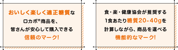 おいしく楽しく適正糖質なロカボ®商品を、皆さんが安心して購入できる信頼のマーク！食・楽・健康協会が推奨する1食あたり糖質20-40gを計算しながら、商品を選べる機能的なマーク！