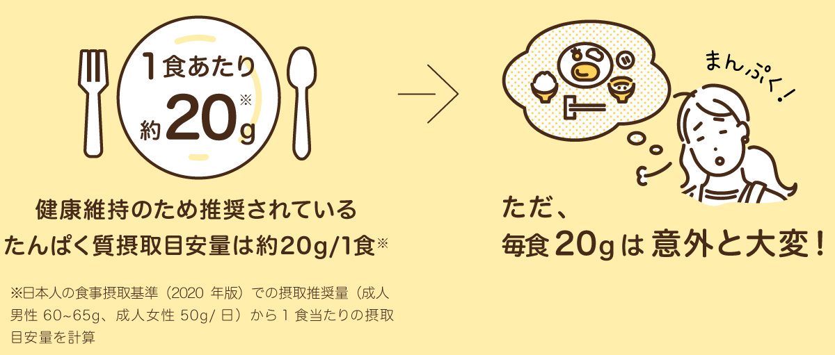 健康維持のため推奨されているたんぱく質摂取量は約20g/1食