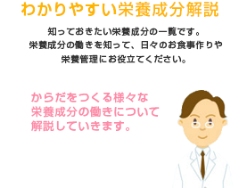 知っておきたい栄養成分の一覧です。栄養成分の働きを知って、日々のお食事作りや栄養管理にお役立てください。