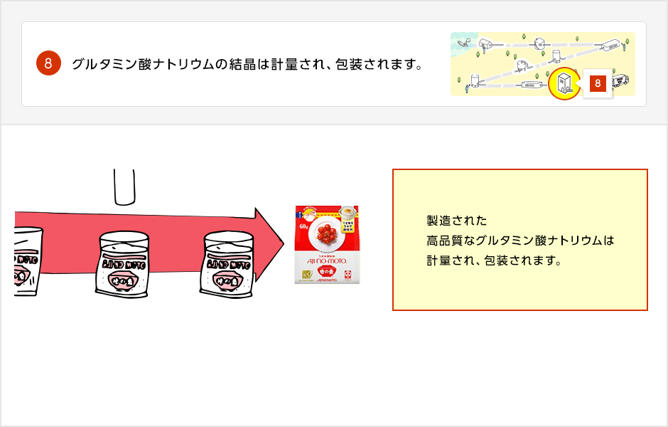 グルタミン酸ナトリウムを商品として包装する工程の画像。製造された高品質なグルタミン酸ナトリウムは計量され、包装されます。