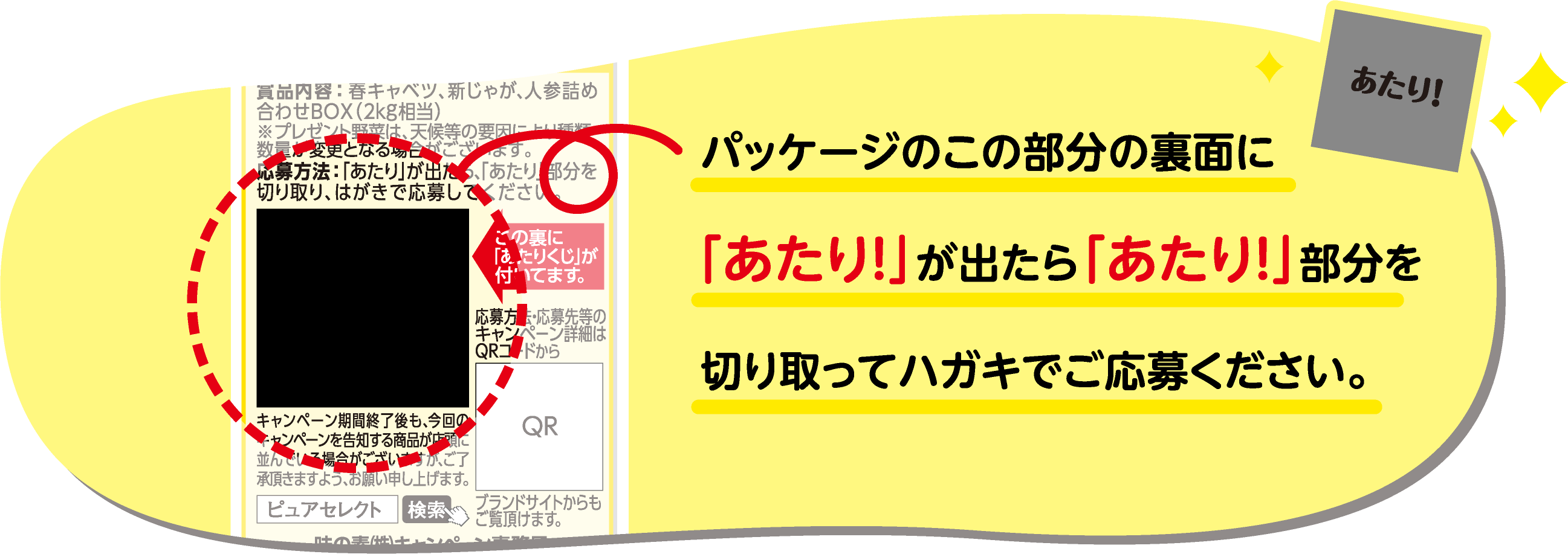 パッケージ裏面のこの部分に「あたり」が出たら「あたり」部分を切り取ってはがきでご応募ください。