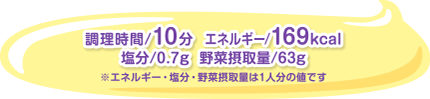 調理時間/10分  エネルギー/169kcal　塩分/0.7g  野菜摂取量/63g　※エネルギー・塩分・野菜摂取量は1人分の値です