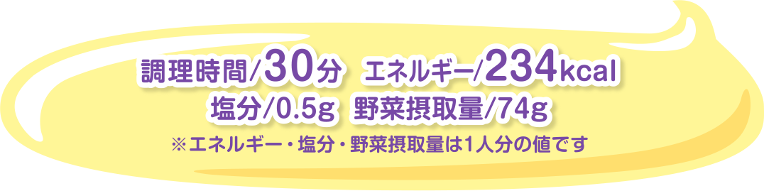 調理時間/30分  エネルギー/234kcal　塩分/0.5g  野菜摂取量/74g  ※エネルギー・塩分・野菜摂取量は1人分の値です