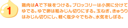 1.鶏肉はＡで下味をつける。ブロッコリーは小房に分けてゆでる。ゆで卵は粗みじん切りにする。玉ねぎ、きゅうりはみじん切りにし、軽く塩少々でもみ、水気をしぼる。