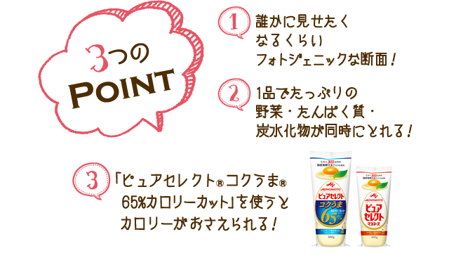 3つのPOINT 1.誰かに見せたくなるくらいフォトジェニックな断面！　2.1品でたっぷりの野菜・たんぱく質・炭水化物が同時にとれる！　「ピュアセレクト（R）コクうま(R)65%カロリーカット」を使うとカロリーがおさえられる！