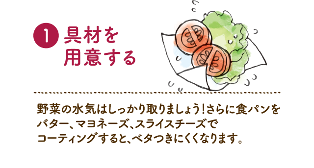 1.具材を用意する　野菜の水気はしっかり取りましょう！さらに食パンをバター、マヨネーズ、スライスチーズでコーティングするとベタつきにくくなります。　