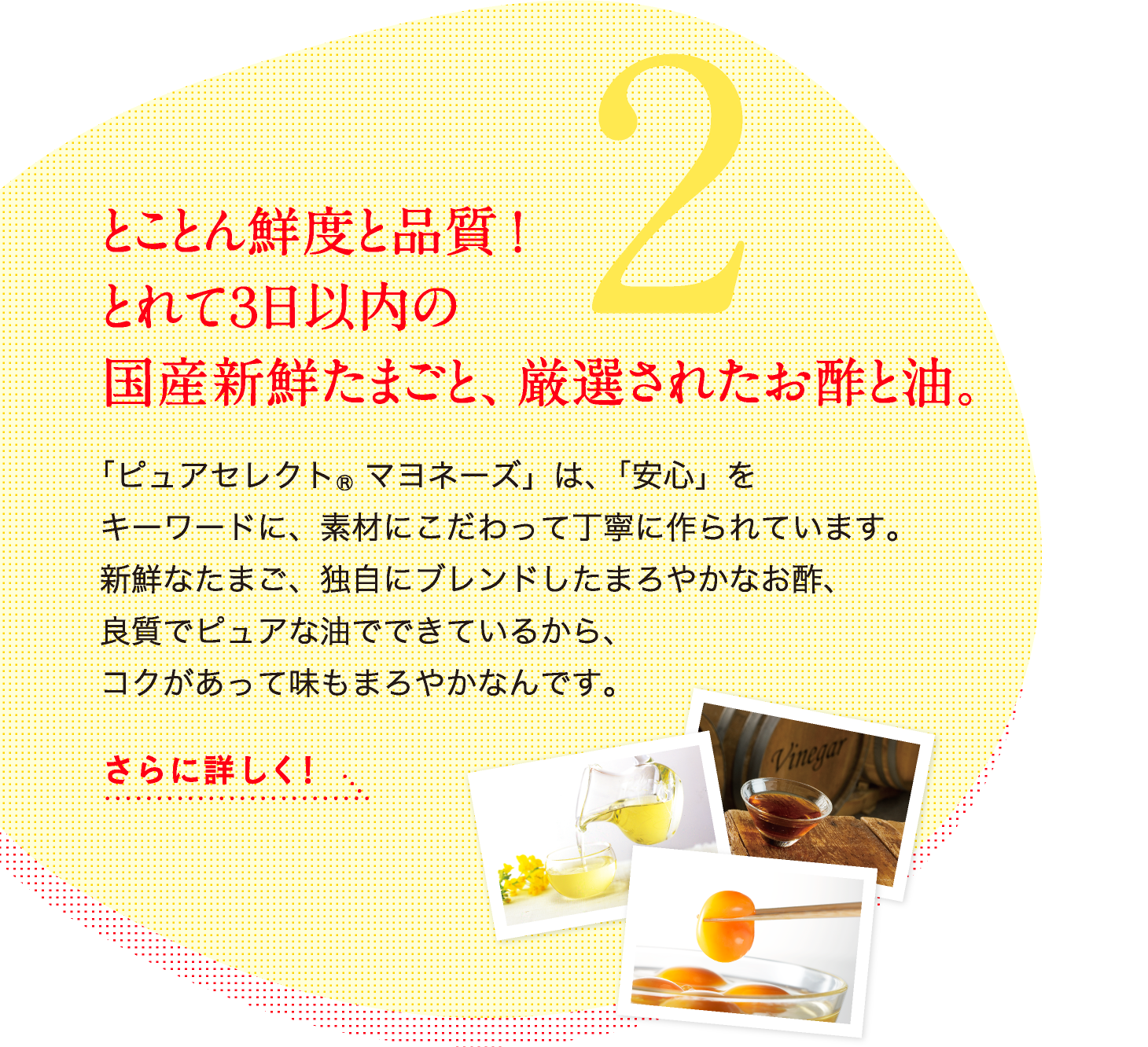 2.とことん鮮度と品質！とれて3日以内の国産新線たまごと、厳選されたお酢と油。 「ピュアセレクト(R)マヨネーズ」は、「安心」をキーワードに、素材にこだわって丁寧に作られています。新鮮なたまご、独自にブレンドしたまろやかなお酢、良質でピュアな油でできているから、コクがあって味もまろやかなんです。