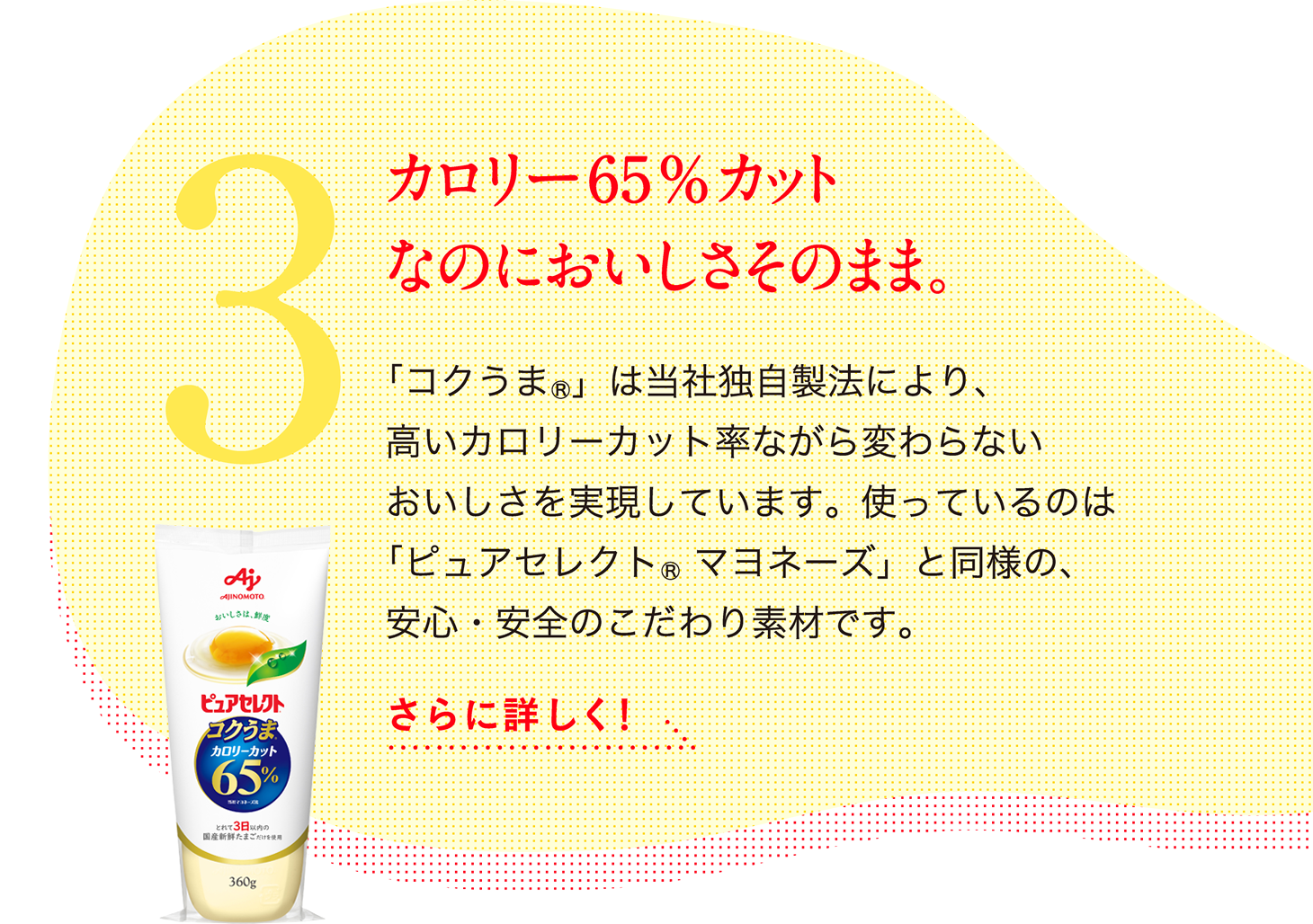 3.カロリー65%カット なのにおいしさそのまま。「コクうま(R)」は当社独自製法により、高いカロリーカット率ながら変わらないおいしさを実現しています。使っているのは「ピュアセレクト（R）マヨネーズ」と同様の、安心・安全のこだわり素材です。