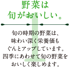 1.野菜は旬がおいしい。旬の時期の野菜は、味わい深く栄養価もぐんとアップしています。四季にあわせて旬の野菜をおいしく楽しめます。