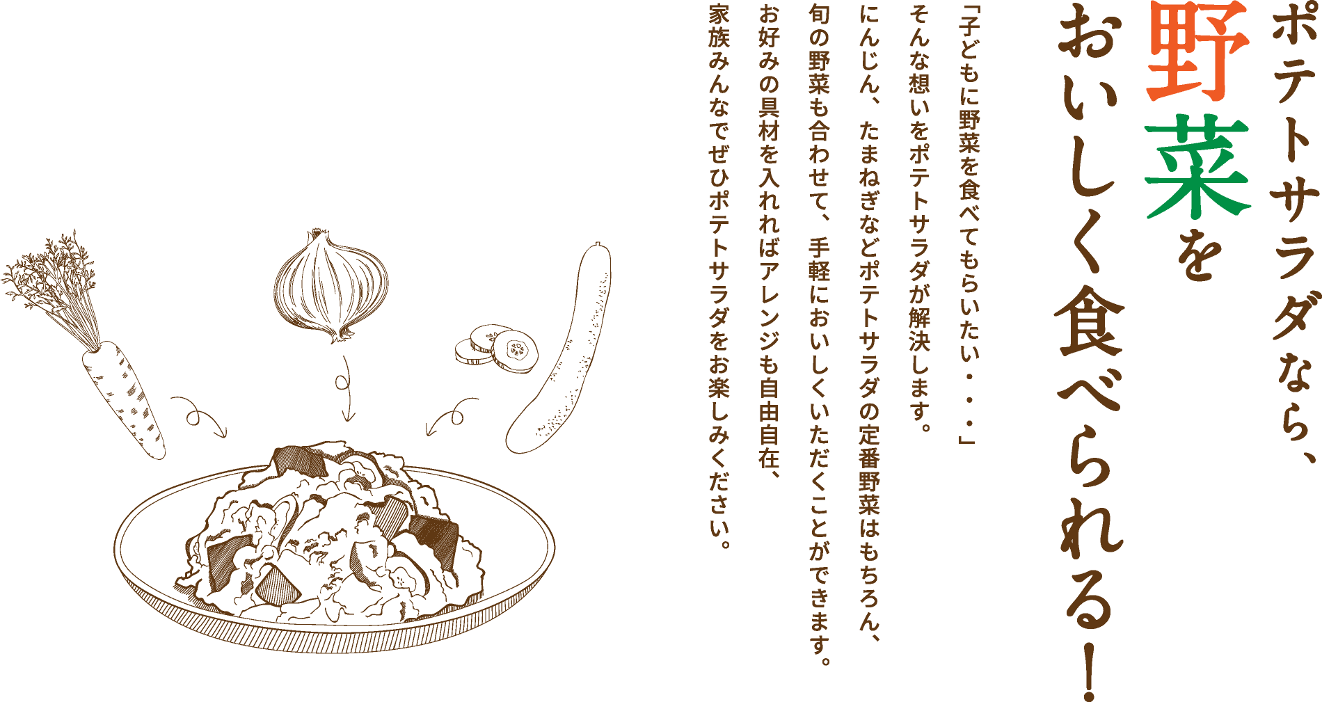 ポテトサラダなら、野菜をおいしく食べられる！「子どもに野菜を食べてもらいたい・・・」 そんな想いをポテトサラダが解決します。 にんじん、たまねぎなどポテトサラダの定番野菜はもちろん、 旬の野菜も合わせて、手軽においしくいただくことができます。お好みの具材を入れればアレンジも自由自在、 家族みんなでぜひポテトサラダをお楽しみください。