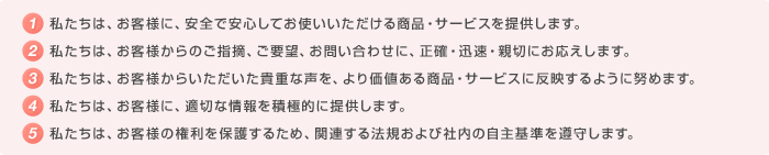 （1）私たちは、お客様に、安全で安心してお使いいただける商品・サービスを提供します。（2）私たちは、お客様からのご指摘、ご要望、お問い合わせに、正確・迅速・親切にお応えします。（3）私たちは、お客様からいただいた貴重な声を、より価値ある商品・サービスに反映するように努めます。（4）私たちは、お客様に、適切な情報を積極的に提供します。（5）私たちは、お客様の権利を保護するため、関連する法規および社内の自主基準を遵守します。