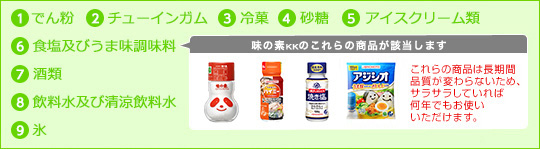 1.でん粉　2.チューインガム　3.冷菓　4.砂糖　5.アイスクリーム類　6.食塩及びうま味調味料　7.酒類　8.飲料水及び清涼飲料水　9.氷