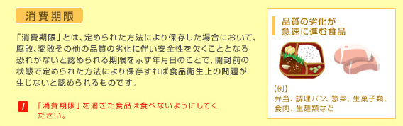 消費期限：「消費期限」とは、定められた方法により保存した場合において、腐敗、変敗その他の品質の劣化に伴い安全性を欠くこととなる恐れがないと認められる期限を示す年月日のことで、開封前の状態で定められた方法により保存すれば食品衛生上の問題が生じないと認められるものです。　※「消費期限」を過ぎた食品は食べないようにして下さい。