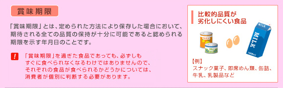 賞味期限：「賞味期限」とは、定められた方法により保存した場合において、期待される全ての品質の保持が十分に可能であると認められる期限を示す年月日のことです。　※「賞味期限」を過ぎた食品であっても、必ずしもすぐに食べられなくなるわけではありませんので、それぞれの食品が食べられるかどうかについては、消費者が個別に判断する必要があります。