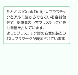 たとえば「Cook Do®」は、プラスチックとアルミ箔からできている容器包装で、総重量のうちプラスチックが最も重量を占めています。よってプラスチック製の容器包装とみなし、プラマークが表示されています。